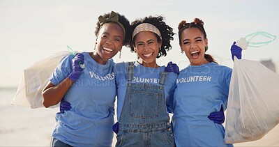 Buy stock photo Beach, face and excited women with plastic bag for earth day, sustainability or ocean cleaning project. Recycle, sustainability or volunteer friends portrait at sea for NGO, accountability or charity