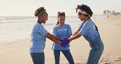 Buy stock photo High five, volunteer and team of women, beach and gloves for recycling, waste and outdoor in nature. Collaboration, group and female people, ready and helping environment, cleaning and litter in sea