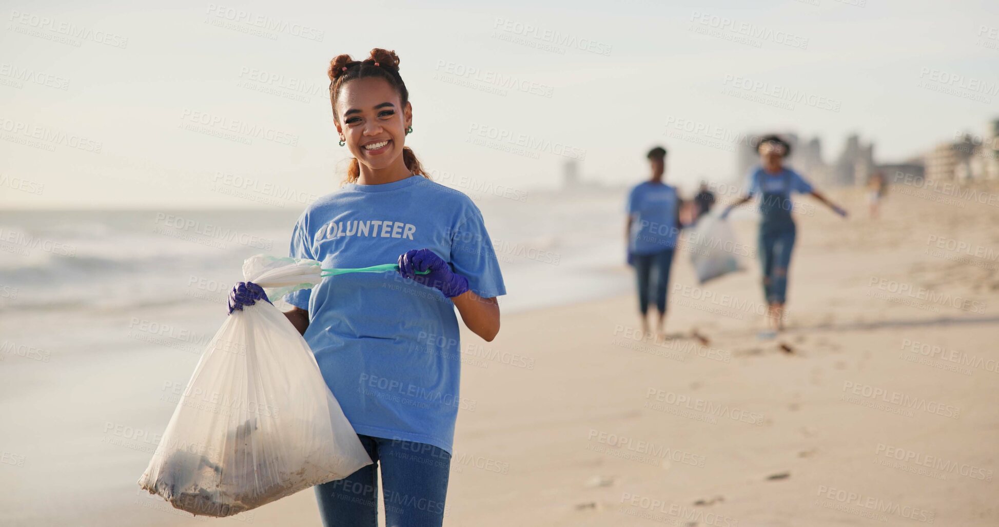 Buy stock photo Volunteer, beach or happy woman with plastic bag for sustainability, help or ocean cleaning project. Accountability, portrait and volunteer at sea for earth day, social responsibility or NGO charity