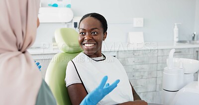 Buy stock photo Happy woman, dentist and patient with consultation for teeth cleaning, treatment or dental care at clinic. Young female person or orthodontist consulting customer for oral, gum or tooth whitening