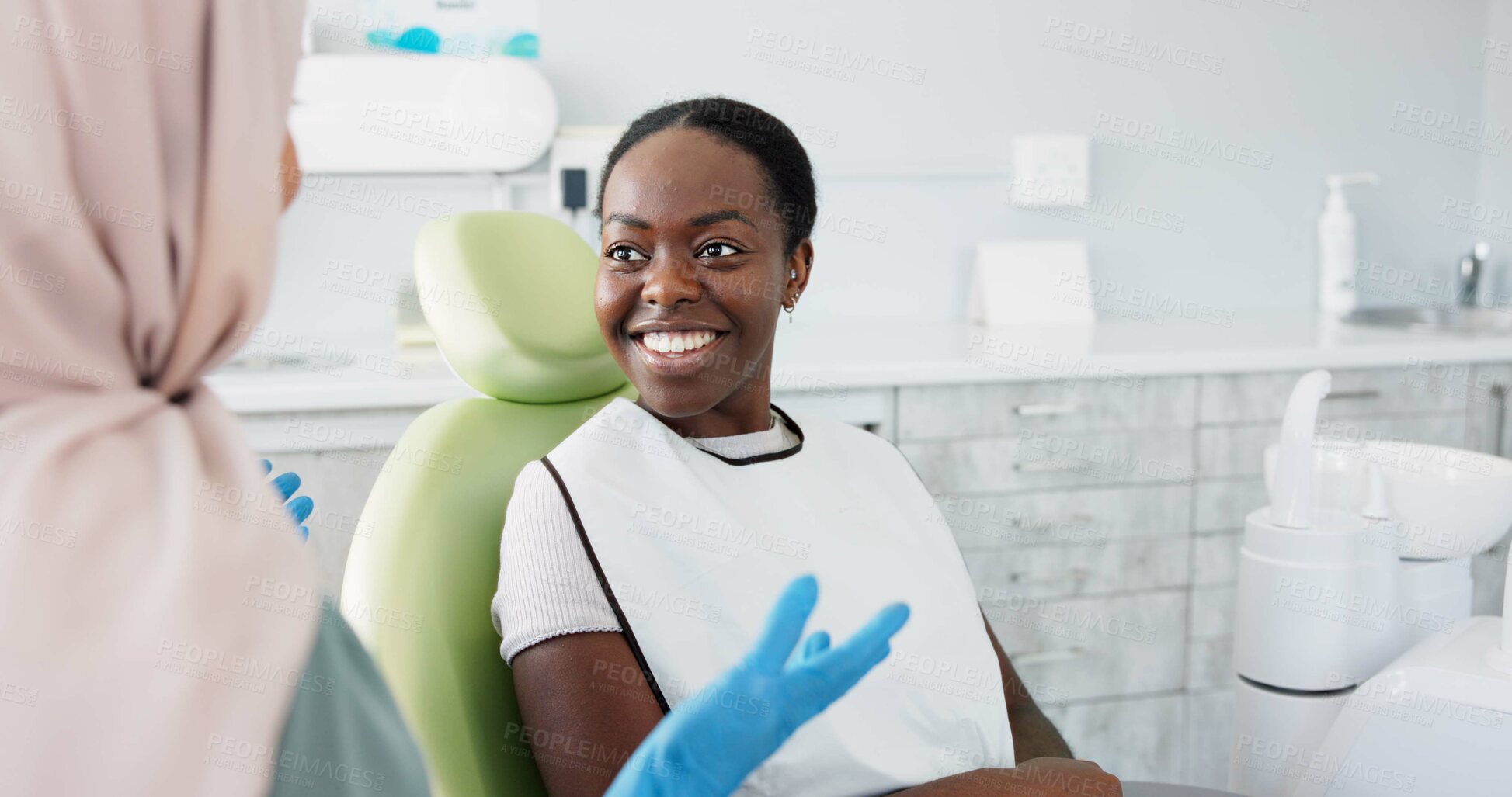 Buy stock photo Happy woman, dentist and patient with consultation for teeth cleaning, treatment or dental care at clinic. Young female person or orthodontist consulting customer for oral, gum or tooth whitening