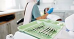 Dentist, hands and tools or mirror for medical, dental and cleaning service with oral healthcare of patient. People with orthodontist in gloves or ppe for teeth exam, helping and support in clinic