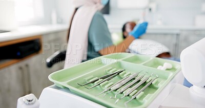 Buy stock photo Dentist, hands and tools or mirror for medical, dental and cleaning service with oral healthcare of patient. People with orthodontist in gloves or ppe for teeth exam, helping and support in clinic