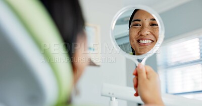 Buy stock photo Dental, smile and happy woman with mirror check at a dentist for teeth whitening results. Mouth, oral care and Asian female client with tooth, cleaning or routine checkup in Tokyo with satisfaction