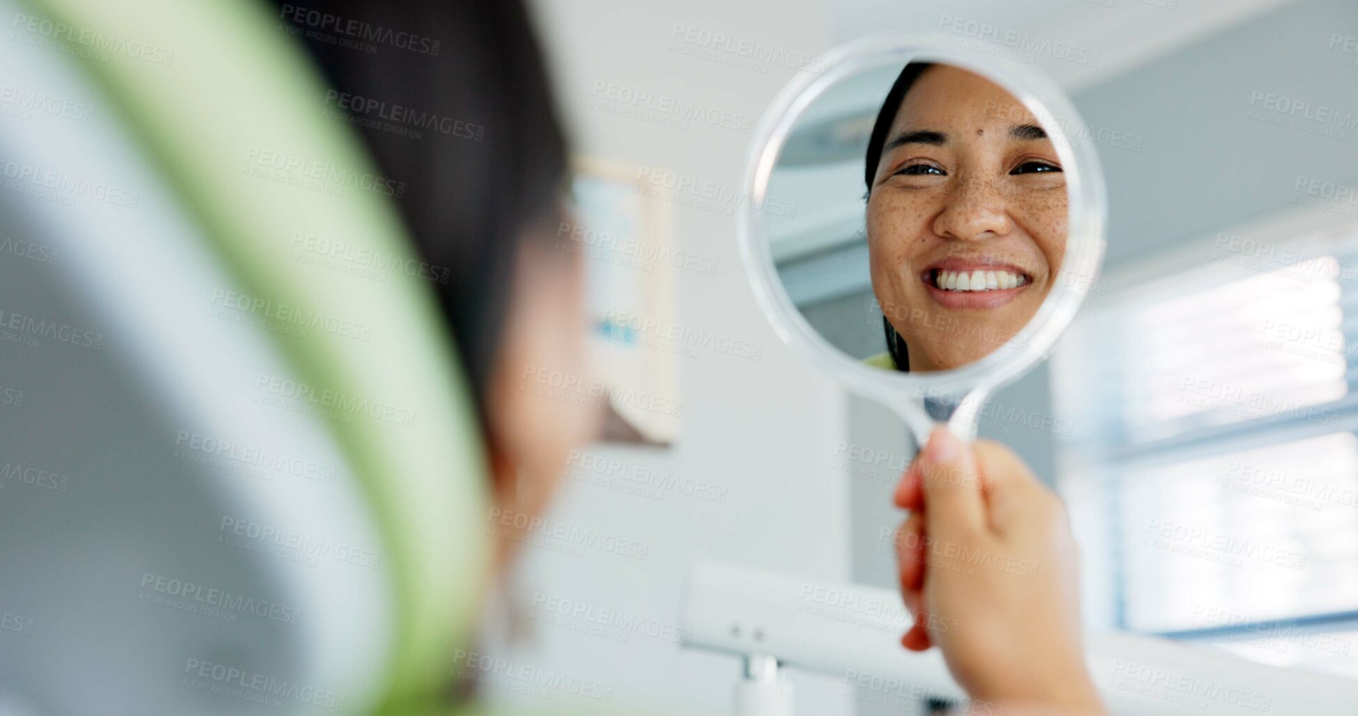 Buy stock photo Dental, smile and happy woman with mirror check at a dentist for teeth whitening results. Mouth, oral care and Asian female client with tooth, cleaning or routine checkup in Tokyo with satisfaction