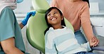 Kid, dentist and appointment for teeth or oral health education for prevention on tooth decay or hygiene. Little girl, mom and together for dentistry checkup or dental examination with orthodontist.