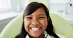 Closeup, dentist and face of child for teeth, orthodontics and wellness in medical health. Dental care, smile and portrait of female patient for healthcare, oral hygiene and confidence at clinic.