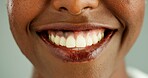 Person, african and closeup with teeth, smile and dental care and oral hygiene or health. Mouth, zoom and portrait with wellness, medical and happy with dentist results and whitening for beauty