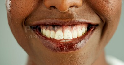 Buy stock photo Person, african and closeup with teeth, smile and dental care and oral hygiene or health. Mouth, zoom and portrait with wellness, medical and happy with dentist results and whitening for beauty