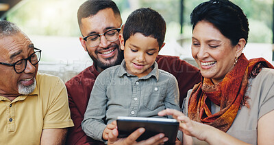 Buy stock photo Happy family, kid and tablet on sofa for games, fun or bonding with grandparents in living room. Father, senior people or child on digital technology for video, education or elearning support at home