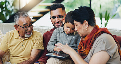 Buy stock photo Happy family, tablet or kid on sofa for games, fun or bonding with grandparents in living room. Father, senior couple or child on digital technology for video, streaming or elearning support on couch