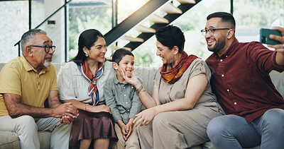 Buy stock photo Happy, family and selfie on sofa at house for bonding, love and photography memory with support on holiday. Smile, people and boy gratitude, conversation and security together for profile picture 