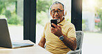 Senior man, headphones and streaming music on phone, playlist and subscription to radio for audio. Elderly person, laptop and reading news on mobile app, podcast and hip hop song for weekend fun