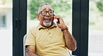 Home, phone call and funny with senior man, communication and network with joke, digital app and smile in living room. Pensioner, apartment and happy mature guy with smartphone, humor and laughing