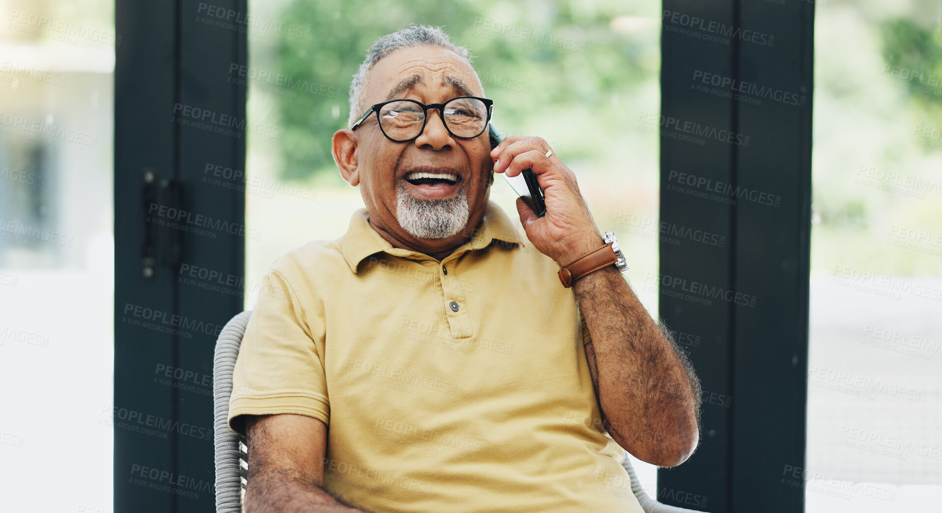 Buy stock photo Home, phone call and funny with senior man, communication and network with joke, digital app and smile in living room. Pensioner, apartment and happy mature guy with smartphone, humor and laughing