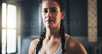 Buy stock photo Woman, portrait and ready for training as athlete in fitness center for challenge in sports or wellness. Female person, strong and serious with pride for performance in gym, confidence or health