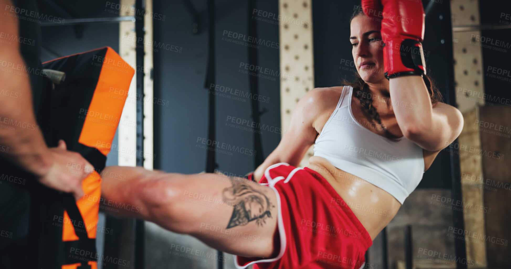 Buy stock photo Woman, trainer and gloves for training as athlete in fitness center for challenge in sports or wellness. People, workout and strong with health, ready for performance in mma, kick boxing or fight