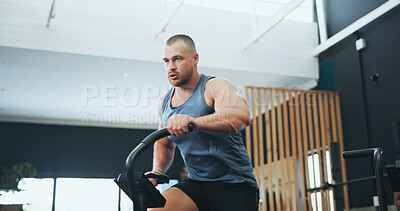 Buy stock photo Fitness, gym and man on stepping machine for health, muscle and body workout or training. Sports, active and strong male athlete with cardio exercise on equipment for endurance in wellness studio.