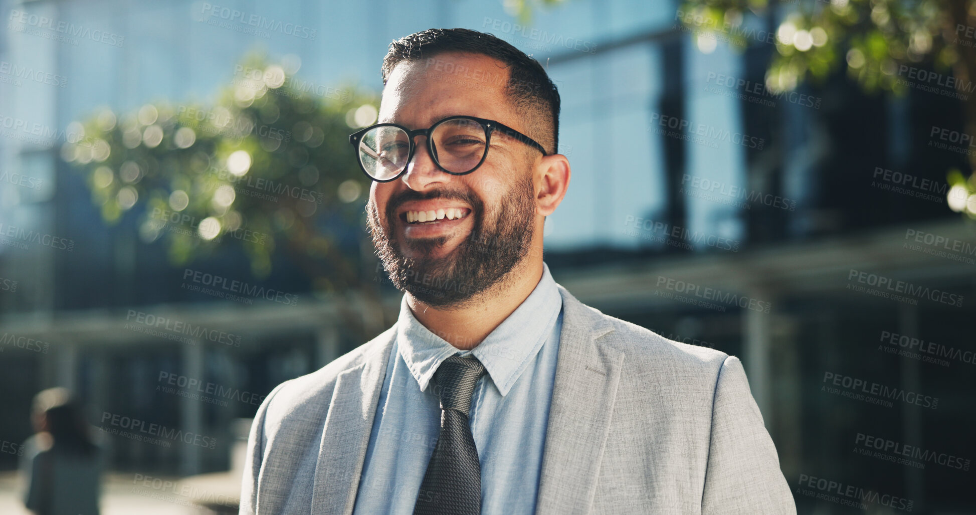 Buy stock photo Businessman, portrait and happiness in city, outdoor on break at office building as accounts manager in firm. Career person, professional and cheerful with excited for promotion at company in England