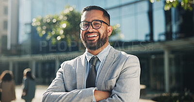 Buy stock photo Businessman, portrait and arms crossed in outdoor on break at office building as account manager in firm. Career person, professional and confidence with excited for promotion at company in England