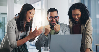 Buy stock photo People, employee and excited  in office with laptop for good news, celebration and happy. Business, teamwork and collaboration with smile for bonus, target and project success on email in boardroom