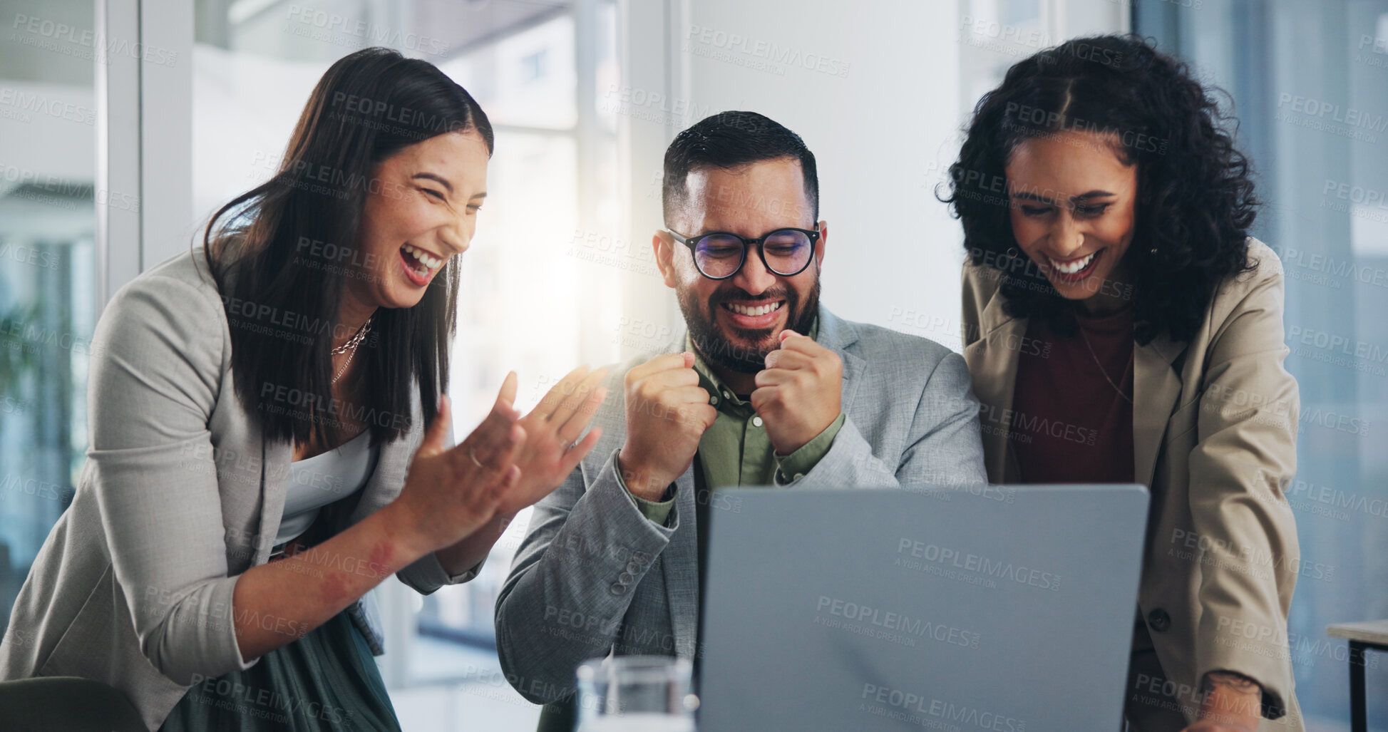 Buy stock photo People, employee and excited  in office with laptop for good news, celebration and happy. Business, teamwork and collaboration with smile for bonus, target and project success on email in boardroom