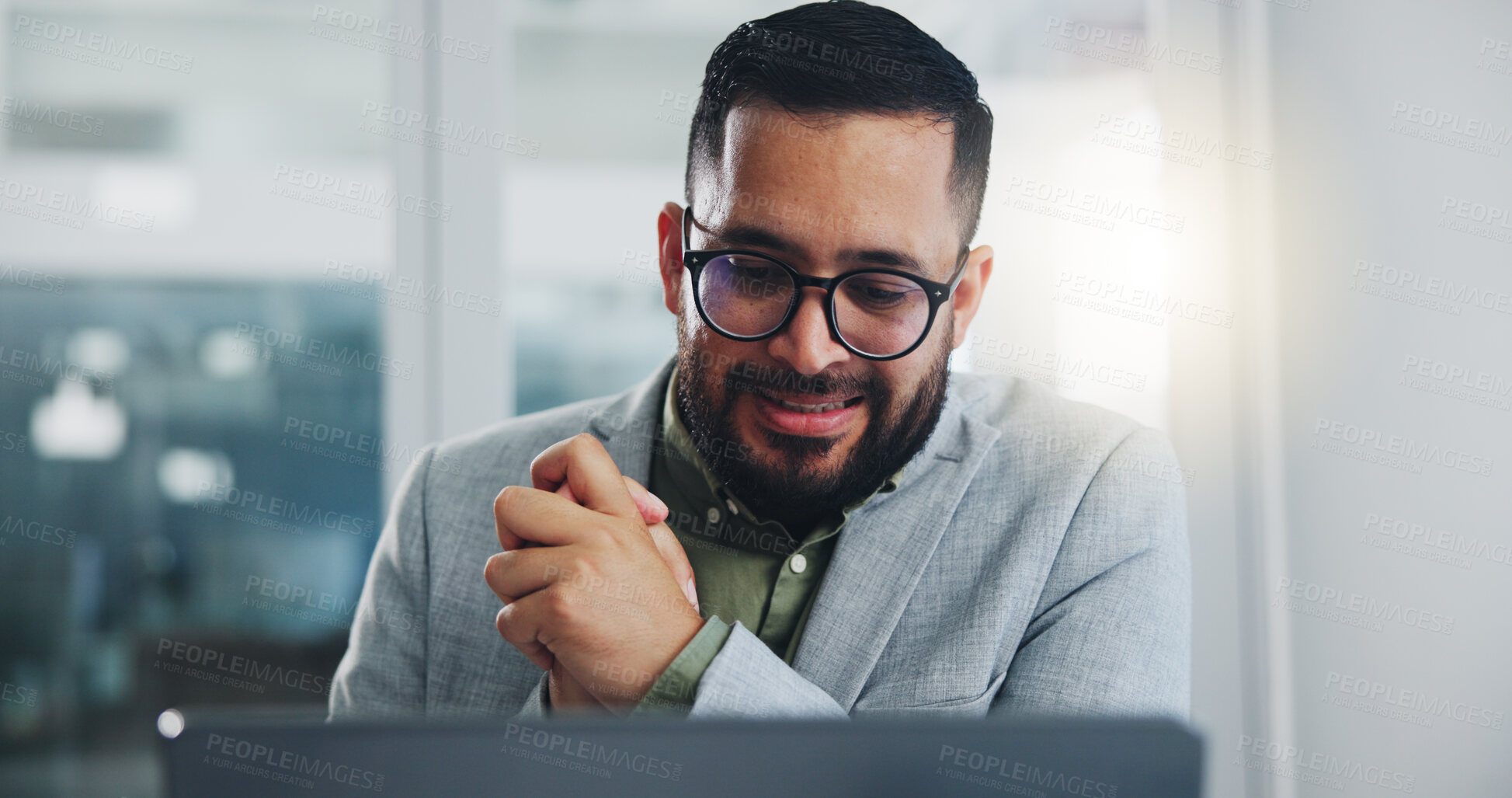 Buy stock photo Businessman, reading and happy with laptop in office for project management feedback and positive website review. Professional, employee and smile with tech for planning, networking and info update