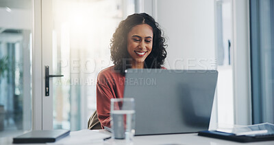 Buy stock photo Businesswoman, reading and happy with laptop in office for project management feedback and positive website review. Web designer, employee and smile with tech for planning, networking and info update