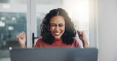 Buy stock photo Woman, excited and celebration for ideas, solution and decision for business, workplace and office. Female person, cheerful and web designer for achievement, opportunity or promotion for success