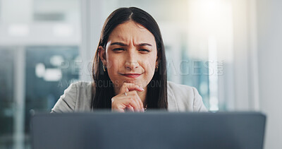 Buy stock photo Business woman, laptop and thinking for planning blog post, ideas and contemplating in office. Solution, thoughtful person and journalist proofreading article, copyright research and magazine agency