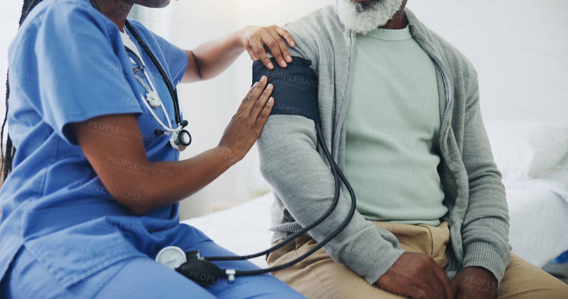 Buy stock photo Hands, senior man and nurse with monitor for blood pressure, medical test or cardiovascular. Black people, mature patient or caregiver for hypertension diagnosis, healthcare or consultation in bed
