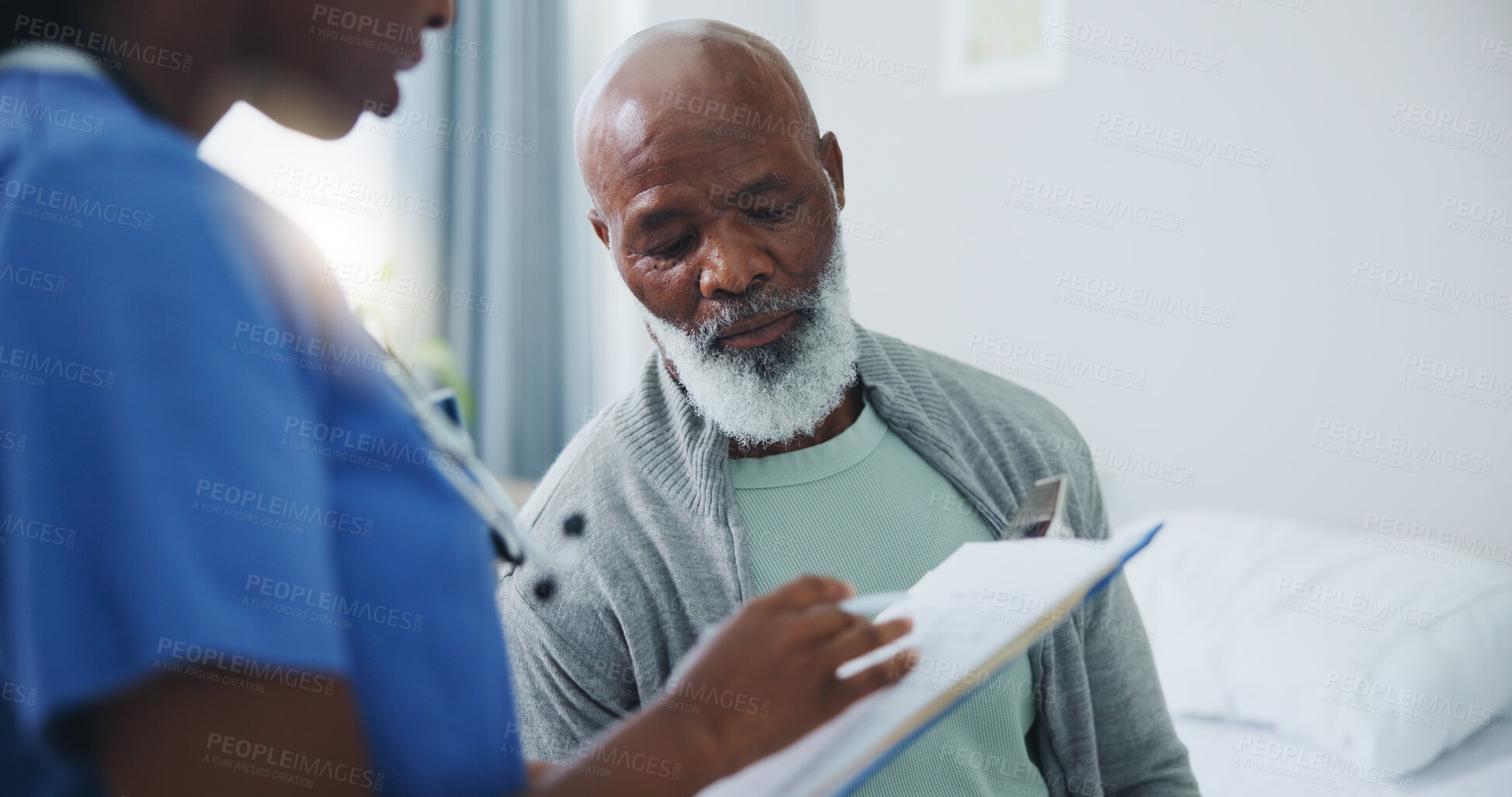 Buy stock photo Consulting, senior man and nurse with clipboard, healthcare and questions for medical info. Black people, mature patient and caregiver for assessment, health insurance and talk with checklist in bed
