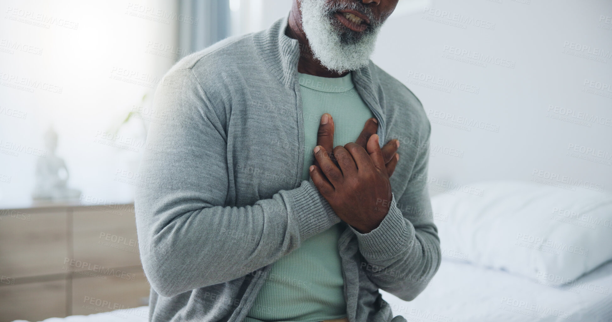 Buy stock photo Hospital, senior man and chest pain on bed, panic attack and pneumonia symptoms. Black person, hand gesture and ache of coughing, asthma and heartburn as medical diagnosis or crisis in healthcare
