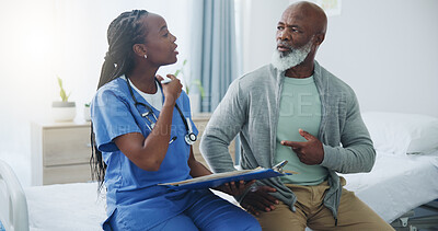 Buy stock photo Consultation, senior man and nurse with clipboard, healthcare and questions for medical info. Black people, elderly patient and caregiver for arthritis, alzheimer and talking with checklist on bed