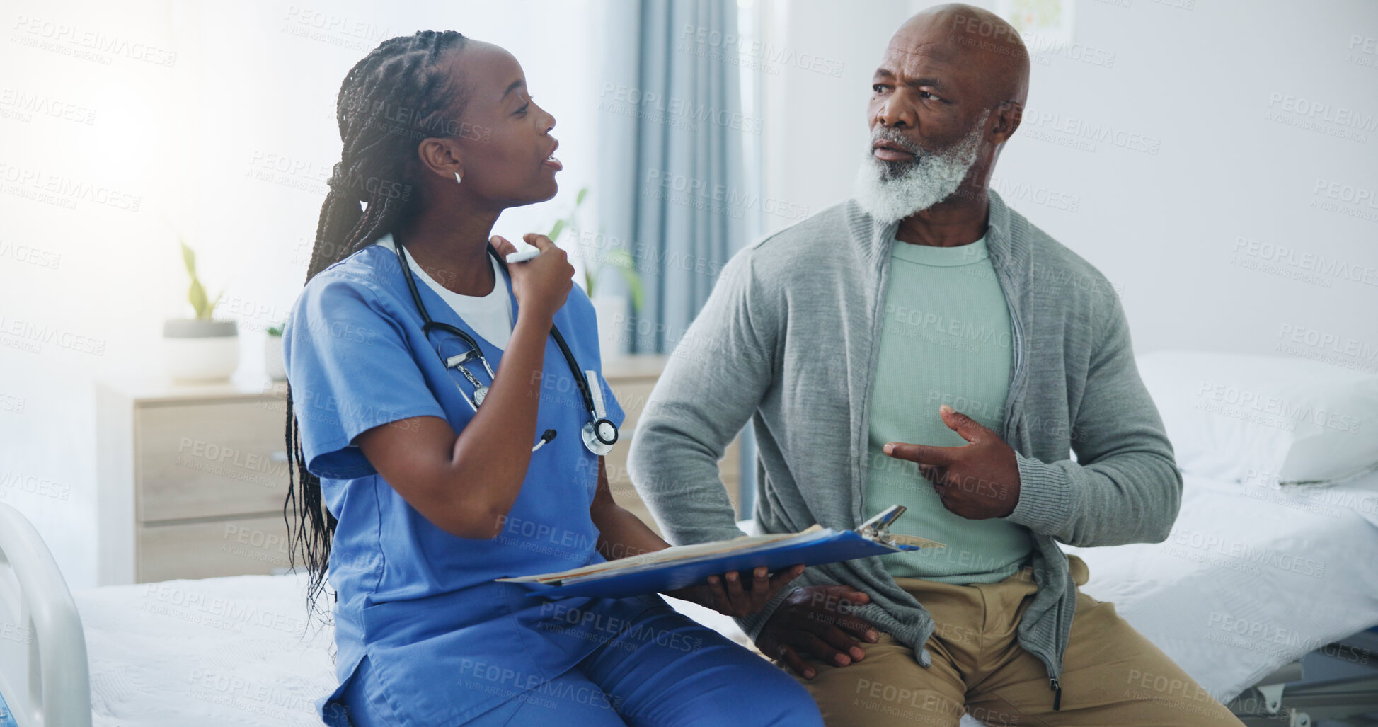 Buy stock photo Consultation, senior man and nurse with clipboard, healthcare and questions for medical info. Black people, elderly patient and caregiver for arthritis, alzheimer and talking with checklist on bed