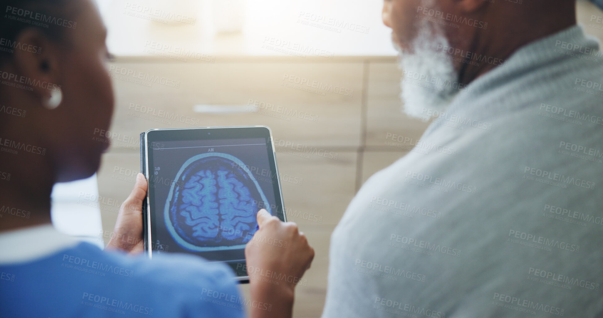 Buy stock photo Healthcare, tablet screen or brain scan by doctor with old man for medical, analysis or diagnosis. Neuro, digital radiography or neurologist and patient for Alzheimer, dementia or memory loss surgery