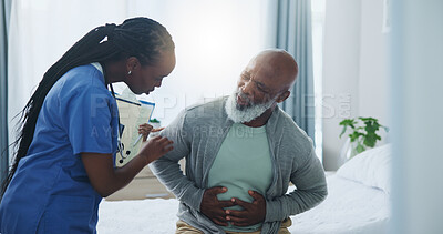 Buy stock photo Checkup, doctor and patient with pain, old man and healthcare with appointment, stomach ache and virus. People, nurse and professional with senior guy, diagnosis and disease with infection or talking