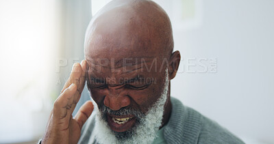 Buy stock photo Senior, man and pain from headache in home with stress, frustrated or confused from brain fog in retirement. Elderly, african person and migraine with tension, pressure and mental health with anxiety