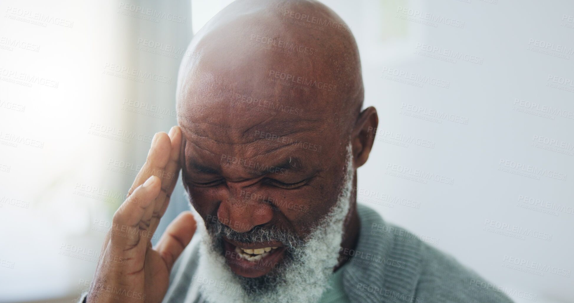 Buy stock photo Senior, man and pain from headache in home with stress, frustrated or confused from brain fog in retirement. Elderly, african person and migraine with tension, pressure and mental health with anxiety