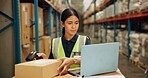 Laptop, qr code and inventory with woman scanning box in warehouse for shipping or delivery. Computer, stock and online order with young person working in warehouse for supply chain logistics