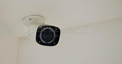 Buy stock photo Security, safety and camera on wall by apartment for surveillance, control room and property recording. Spy, technology and moving lens for sensor protection system for criminal activity or privacy