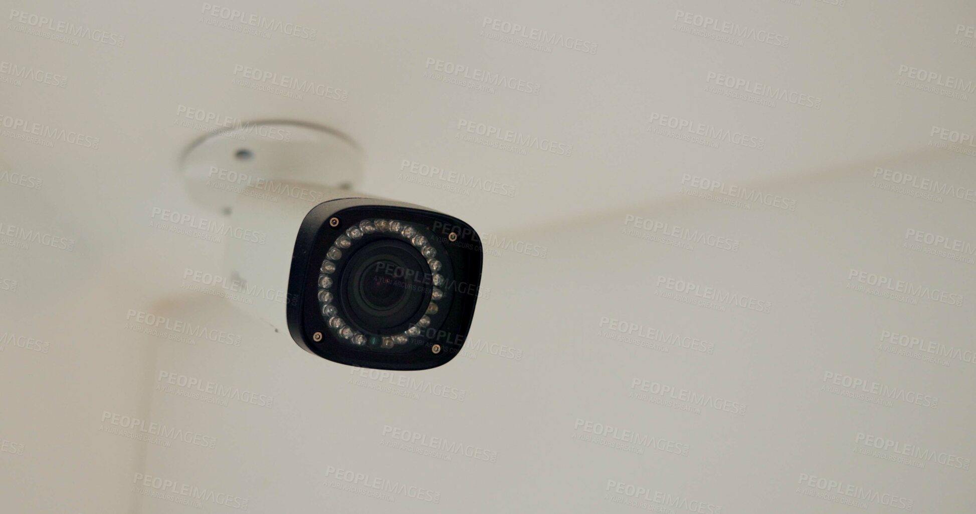 Buy stock photo Security, safety and camera on wall by apartment for surveillance, control room and property recording. Spy, technology and moving lens for sensor protection system for criminal activity or privacy