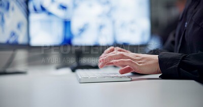 Buy stock photo Hands, business and woman with keyboard, typing or internet with employee, financial analyst or economy. Person, accounting or closeup with human, equipment or connection with stock market or trading