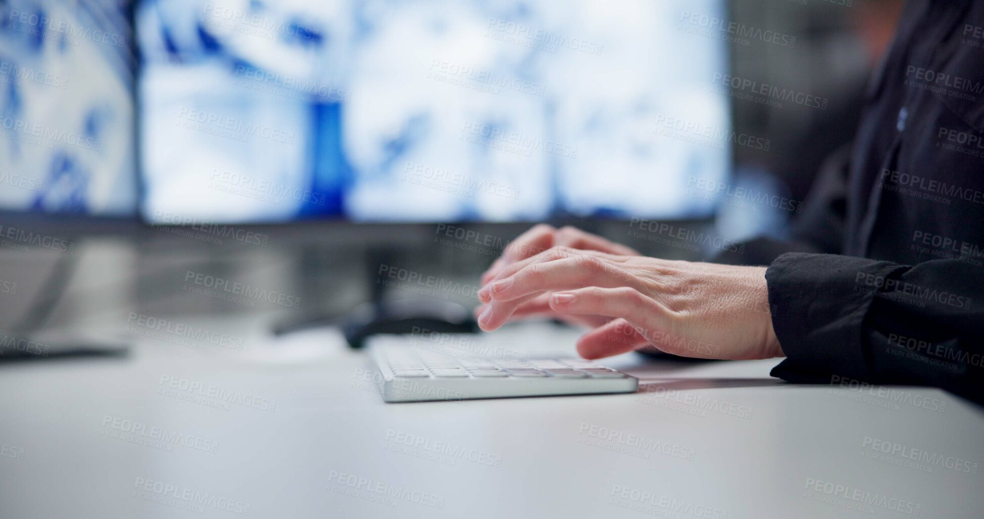 Buy stock photo Hands, business and woman with keyboard, typing or internet with employee, financial analyst or economy. Person, accounting or closeup with human, equipment or connection with stock market or trading