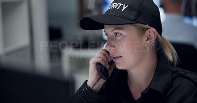 Buy stock photo CCTV, phone call and security with woman in control room for law enforcement or surveillance. Communication, crime and safety with police officer at police headquarters for inspection or privacy