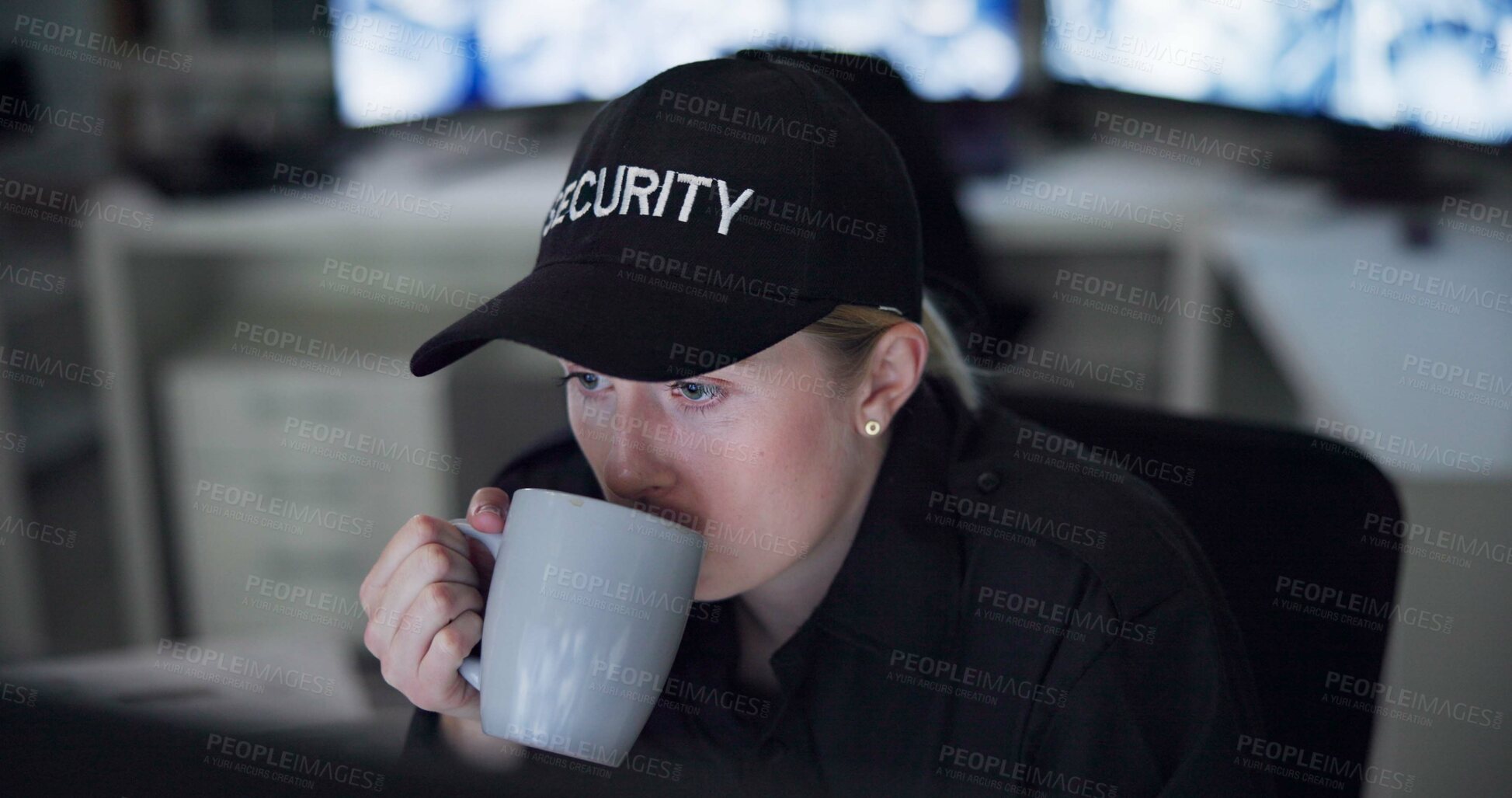 Buy stock photo Woman, security and coffee in control room for protection, surveillance and cctv monitor for building safety. Female guard, mug for latte and night shift for privacy, services and supervision