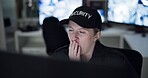 Security, woman and tired in uniform, night and yawning in control room, digital and laptop for surveillance. Dark, employee and working late, guard and person for protection, watch and exhausted