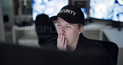 Buy stock photo Security, woman and tired in uniform, night and yawning in control room, digital and laptop for surveillance. Dark, employee and working late, guard and person for protection, watch and exhausted