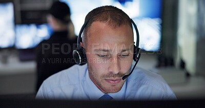 Buy stock photo Safety, man and headset in control room for communication, surveillance and supervision or building security. Male guard, contact or cctv monitors with telecom advice for check, support or protection