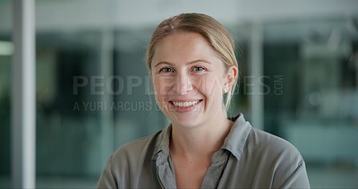 Buy stock photo Woman, portrait and smile in office for career, casual employee at corporate company. Female accountant, workplace and happiness for financial job, accounting professional with ambition for business